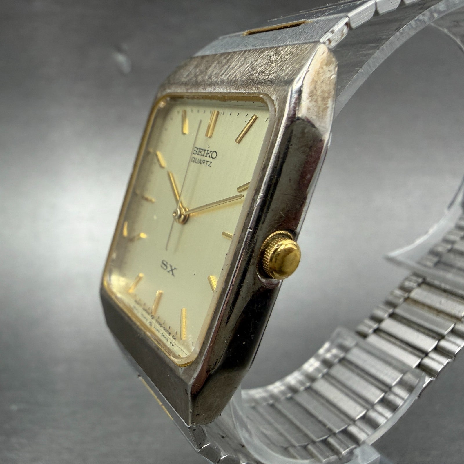 Seiko SX Tank Watch Men 26mm Champagne Dial Two Tone Rectangle 5Y95-5010 New Bat2