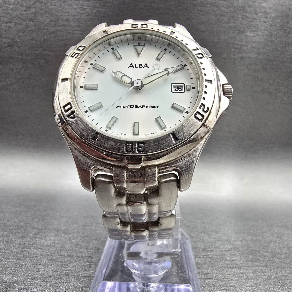 Alba Dive Watch Men 38mm White Dial Silver Tone Date Round V730-0R20 New Batt5