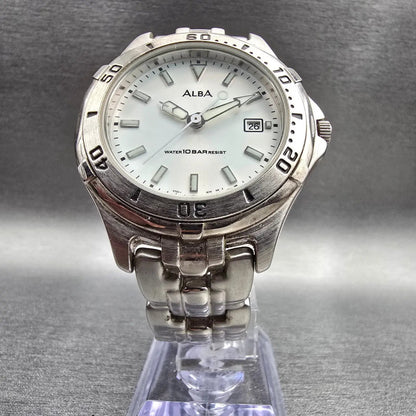 Alba Dive Watch Men 38mm White Dial Silver Tone Date Round V730-0R20 New Batt5