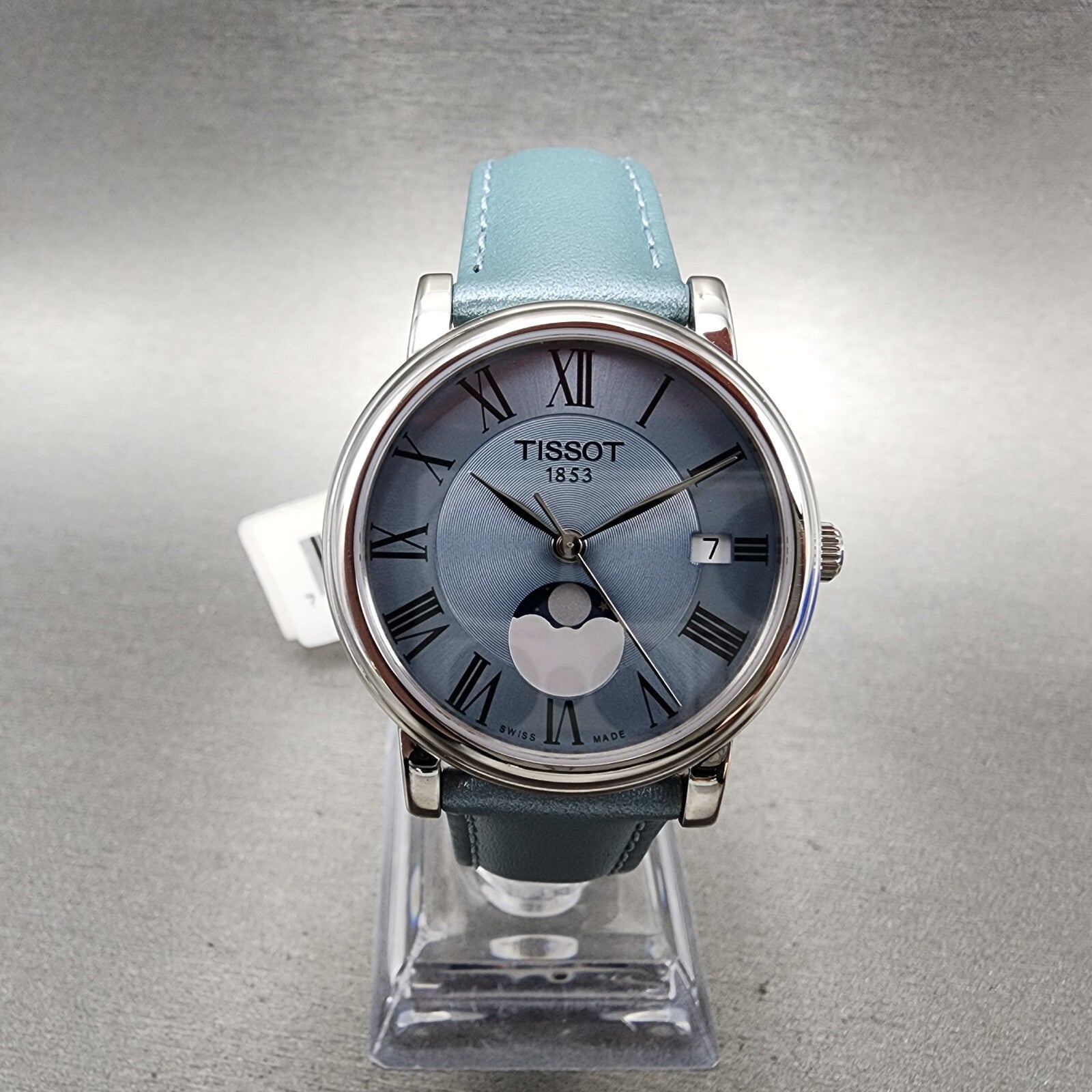Tissot Carson Moonphase Watch Women 32mm Blue Dial Steel Date Round Leather Band0