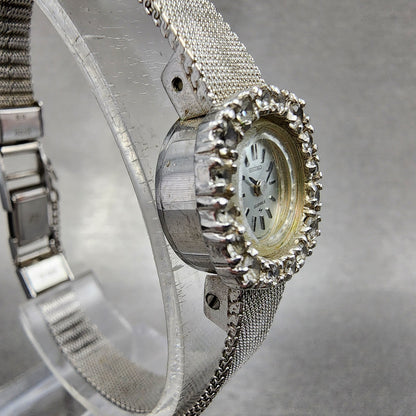 Seiko Watch Women 17mm Silver Dial White Gold Plated Gem Bezel Manual Wind3