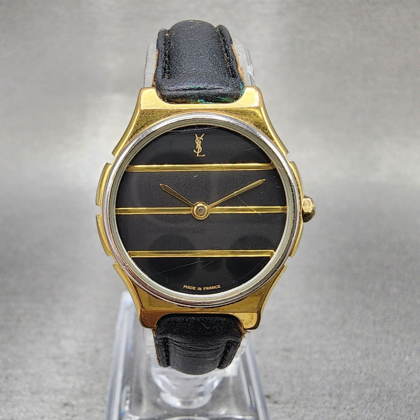 Yves Saint Laurent Watch Women 25mm Black Dial Gold Tone Round New Battery0
