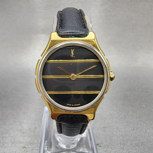 Yves Saint Laurent Watch Women 25mm Black Dial Gold Tone Round New Battery0