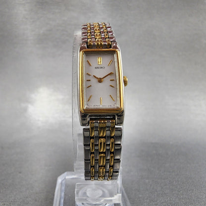 Seiko Tank Watch Women 13mm White Dial Two Tone Rectangle 2e207021 New Battery5
