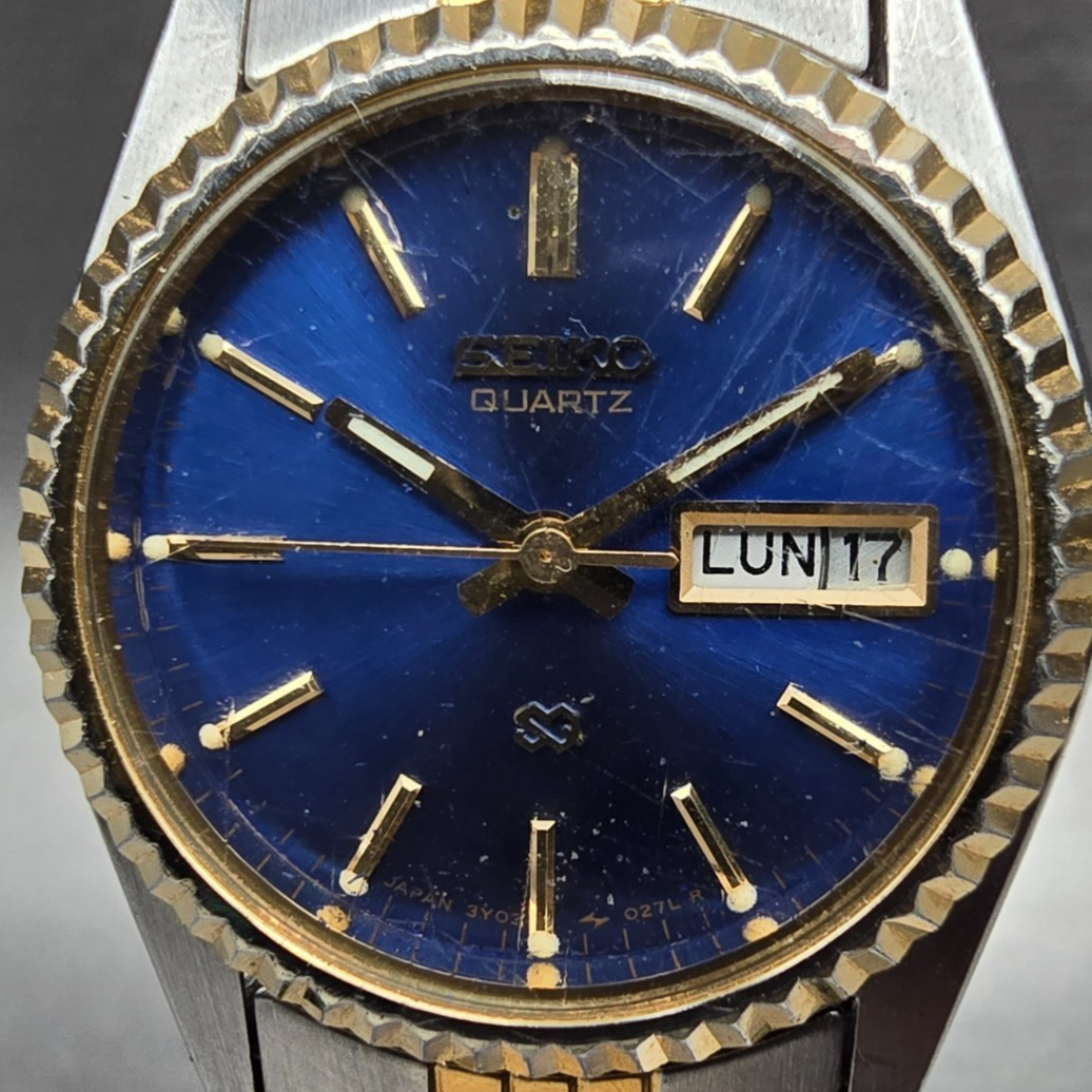 Seiko SQ Watch Women 23mm Blue Dial Two Tone Daydate Round 3Y03-0169 New Battery1