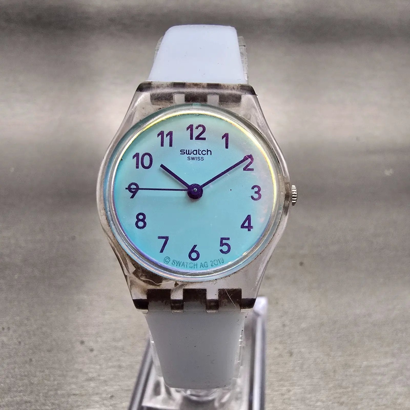 Swatch CASUAL BLUE Watch Women 25mm Blue Dial Clear Case Round LK396 New Battery0