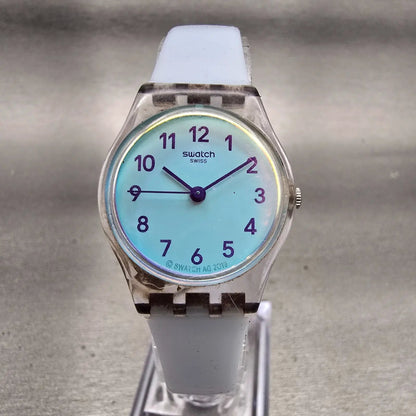 Swatch CASUAL BLUE Watch Women 25mm Blue Dial Clear Case Round LK396 New Battery0