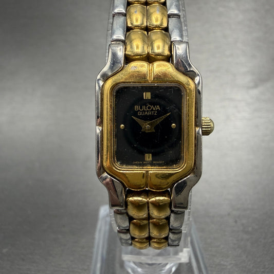Bulova Tank Watch Women 17mm Black Dial Two Tone Rectangle 90H01T New Battery0
