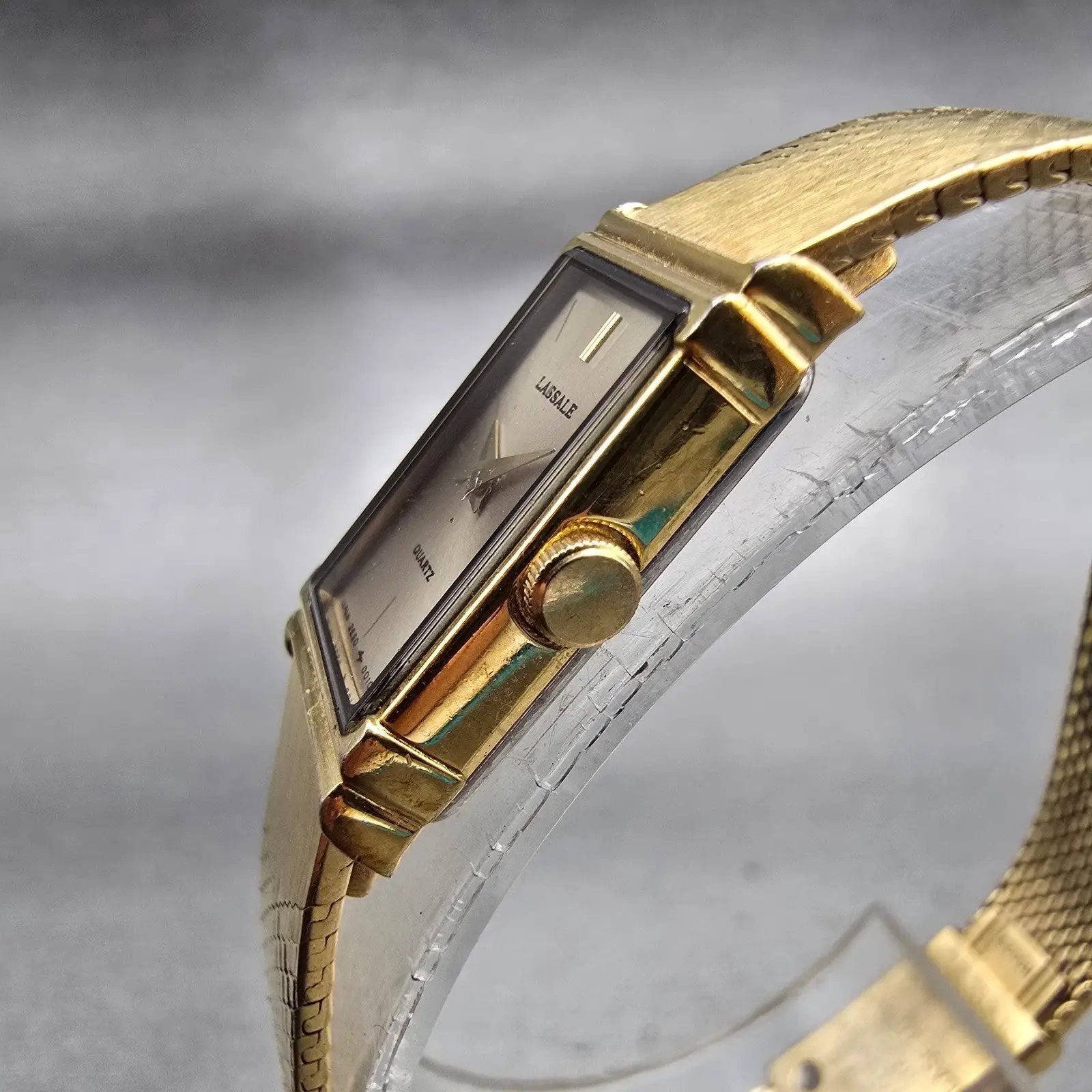 Seiko Lassale Watch Women 12mm Gold Dial Gold Tone Rectangle 2E50-5009 New Batt2