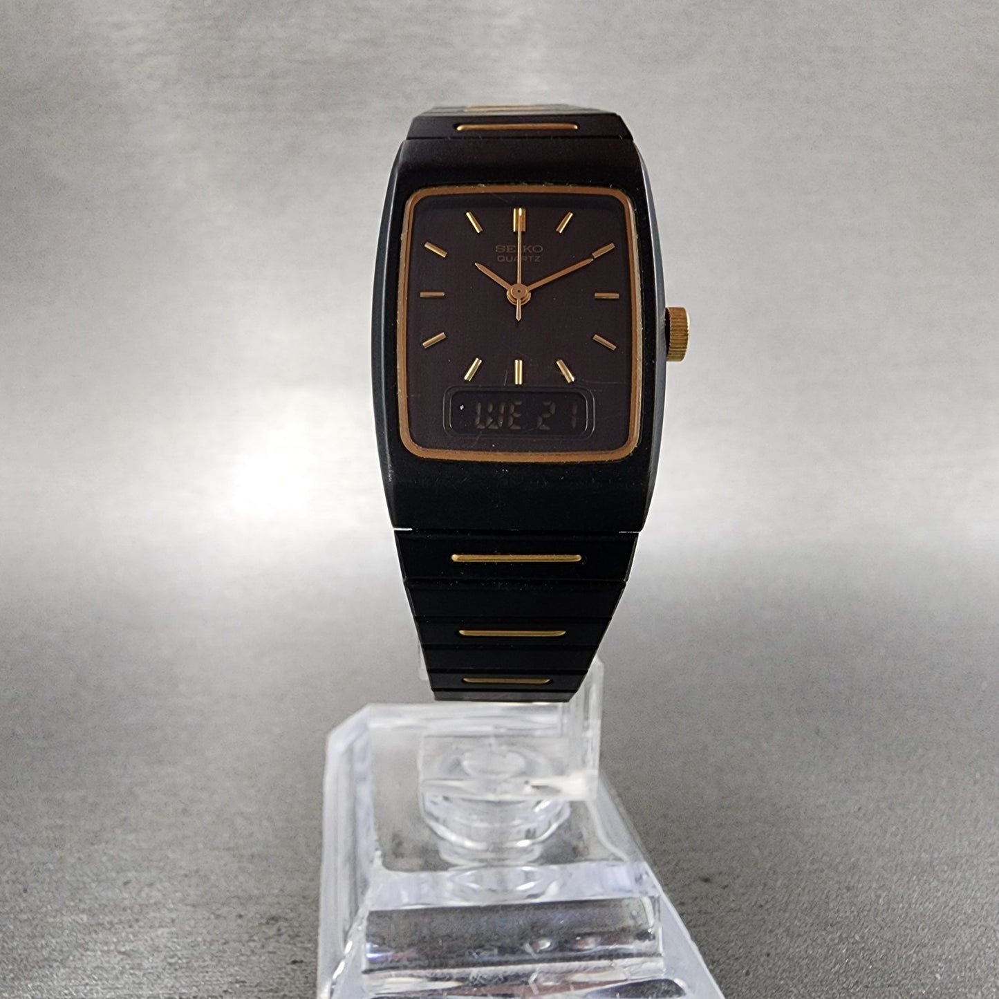 Seiko Watch Women 22mm Analgo Digital Black Tone Rectangle E0295619 New Battery5