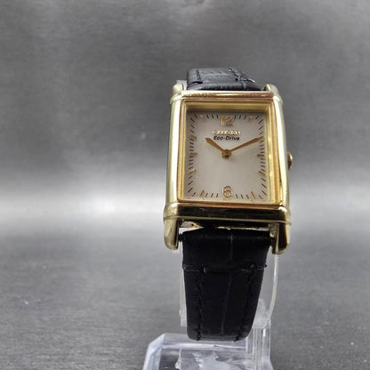 Citizen Eco-Drive Tank Watch Women 18mm Champagne Dial Gold B023-S001561 Works 45