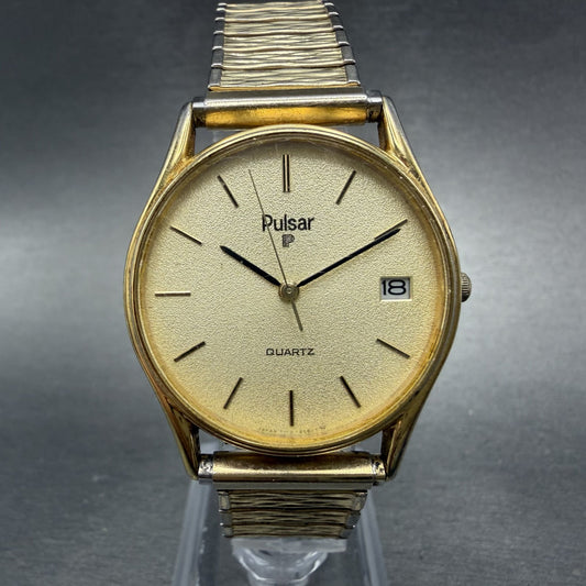 Seiko Pulsar Watch Men 32mm Champagne Dial Gold Tone Date Y112-8019 New Battery0