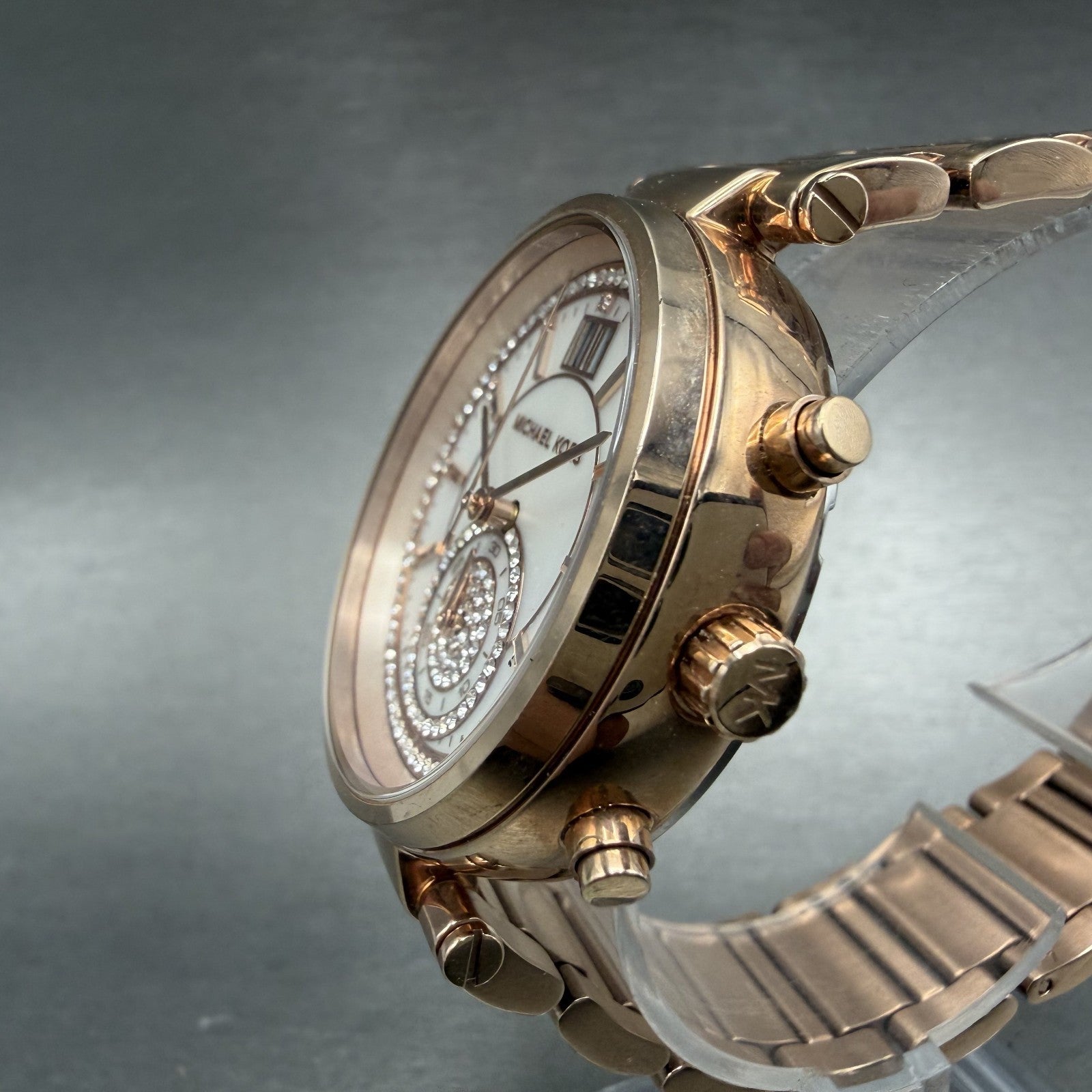 Michael kors Sawyer Watch Women 39mm MOP Dial Rose Gold Tone Date Chrono New Bat2