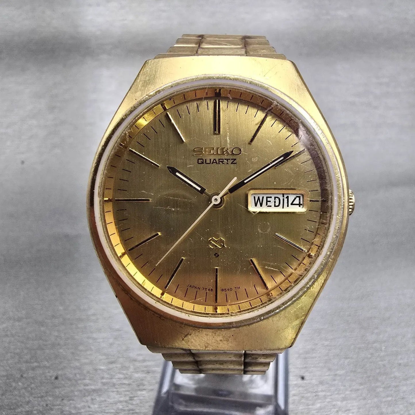 Seiko SQ Watch Men 36mm Gold Dial Gold Tone Daydate Round 7546-8450 New Battery0