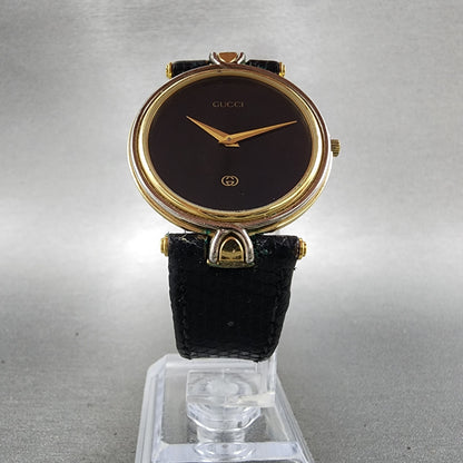 Gucci 4500m Watch Men 32mm Black Dial Gold Plated Round Leather Band New Battery5