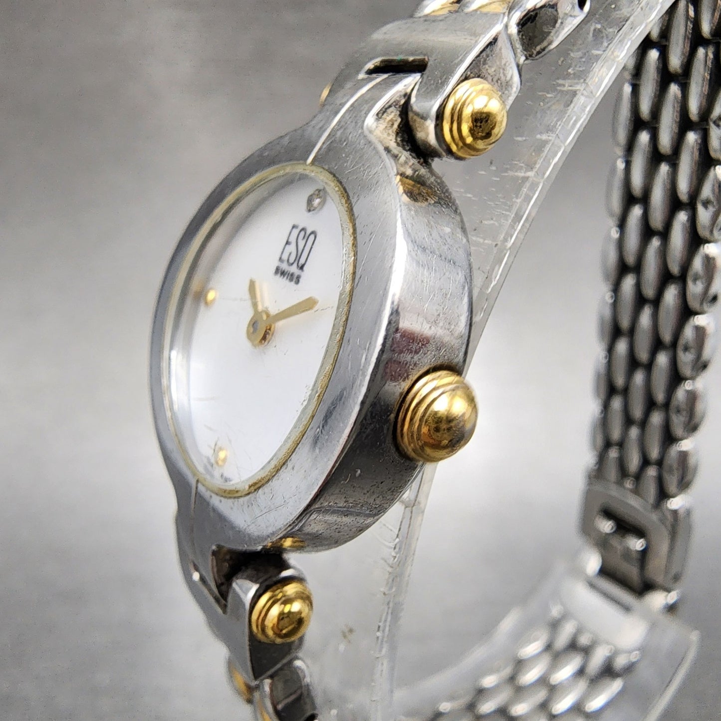 ESQ Swiss Watch Women 22mm MOP Dial Two Tone Round E5419 Mesh Band New Battery2