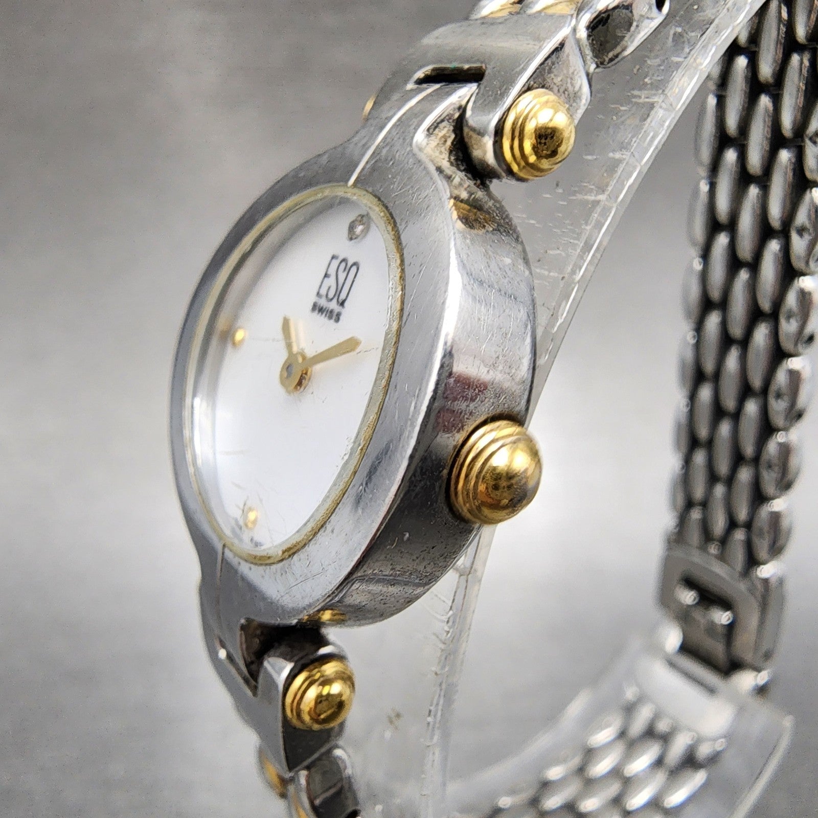 ESQ Swiss Watch Women 22mm MOP Dial Two Tone Round E5419 Mesh Band New Battery2