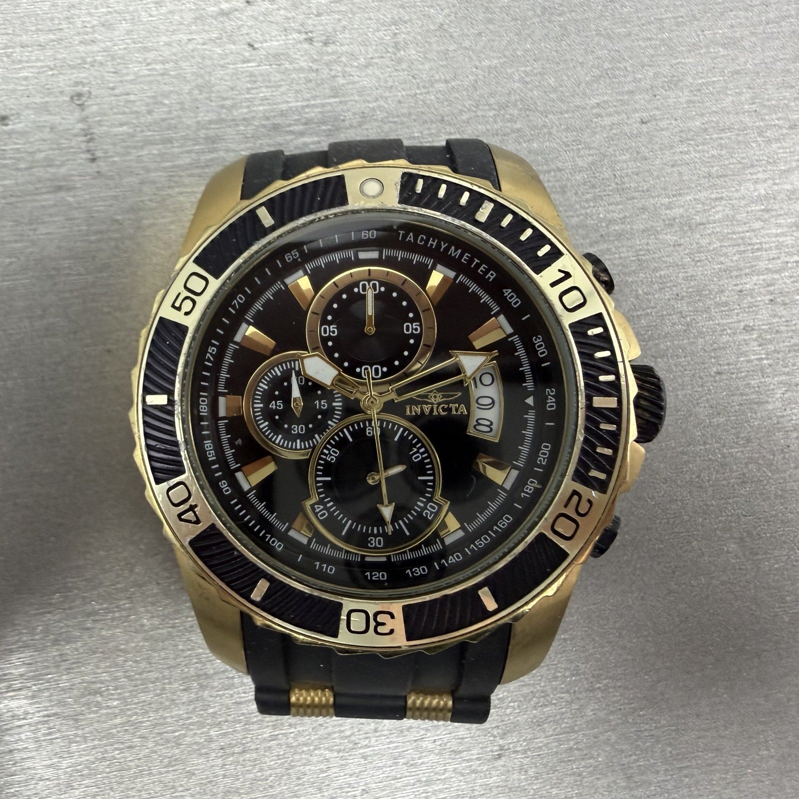 Invicta Pro Diver Chronograph Watch Men 48mm Black Dial Gold Tone Date New Batt0