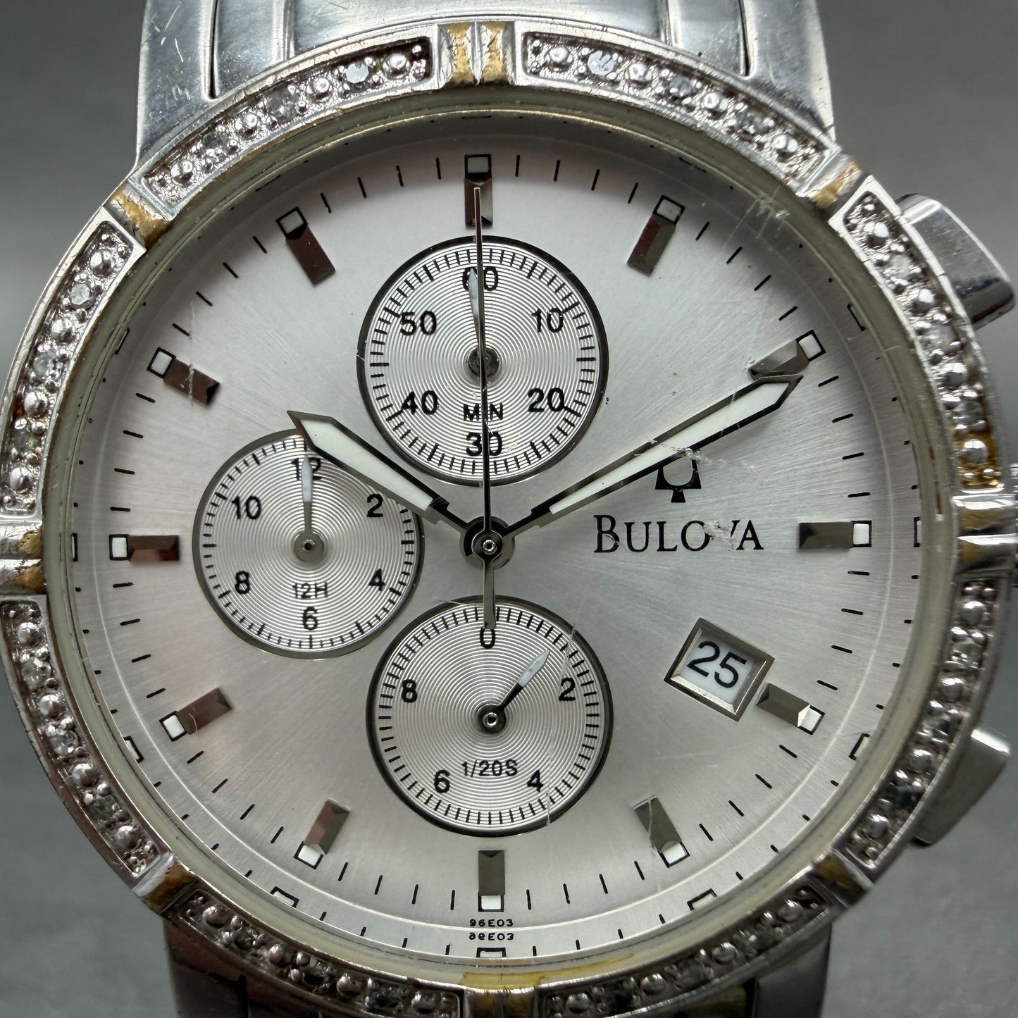 Bulova Watch Men 39mm Silver Dial Steel Daydate Round Diamond 96E03 New Batttery1