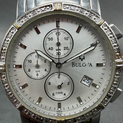 Bulova Watch Men 39mm Silver Dial Steel Daydate Round Diamond 96E03 New Batttery1