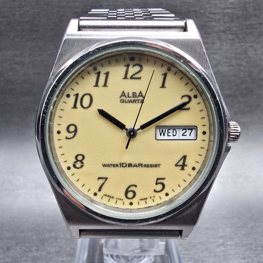 Seiko Alba Watch Men 36mm Luminous Dial Silver Tone Daydate V743-8A10 New Batt F0
