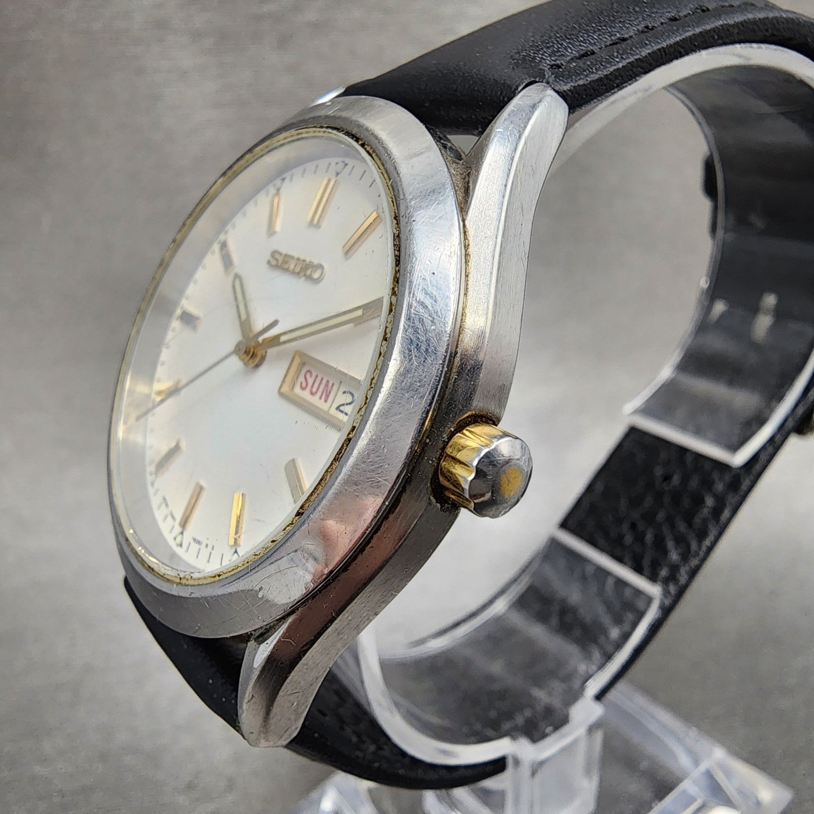 Seiko Watch Men 36mm White Dial Silver Tone Daydate 7n439080 New Battery2