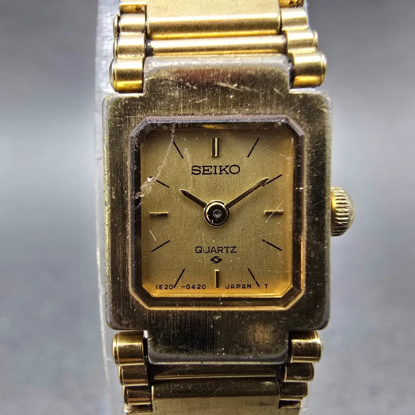 Seiko Watch Women 13mm Champagne Dial Gold Tone Square 1E20-5200 New Battery VTG1
