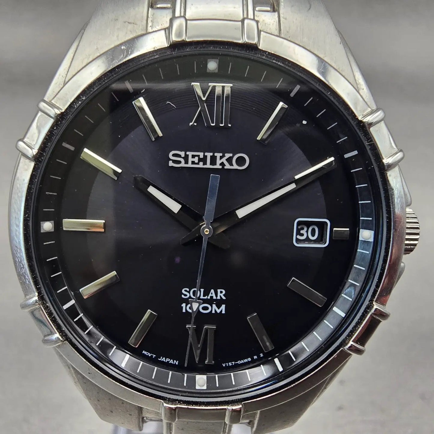 Seiko Solar Watch Men 38mm Black Dial Silver Tone Date Round V157-0AM0 Works1