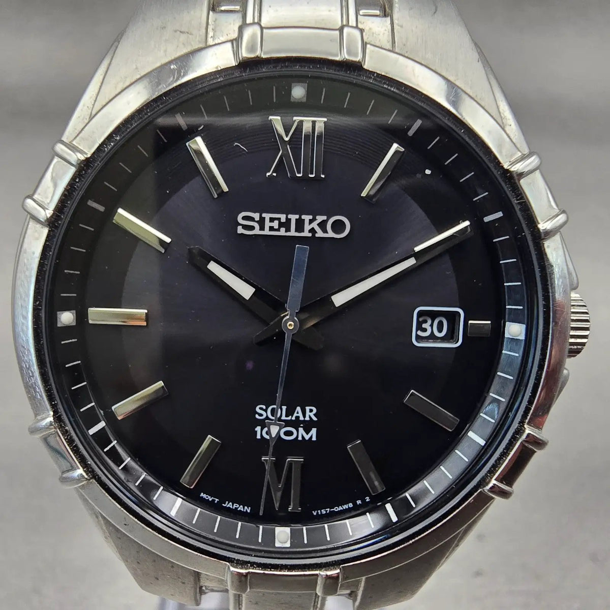 Seiko Solar Watch Men 38mm Black Dial Silver Tone Date Round V157-0AM0 Works1