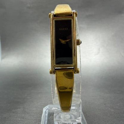 Gucci 1500L Tank Watch Women 12mm Black Dial Gold Rectangle Bangle New batteryKL6