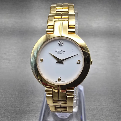 Bulova Watch Women 25mm White Dial Gold Tone Diamond Round 97P29 New Battery0
