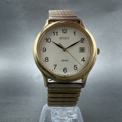 Seiko Spirit Watch Men 33mm White Dial Gold Tone Date Round 5E32-6A3A New Batt 45