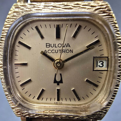 Bulova Accutron Watch Women 23mm Gold Dial 10K Gold Plated Rectangle New Battery1