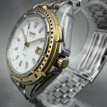 Seiko SQ 100 Dive Watch Women 31mm White Dial Two Tone Date 7N82-6C30 NewBattery2