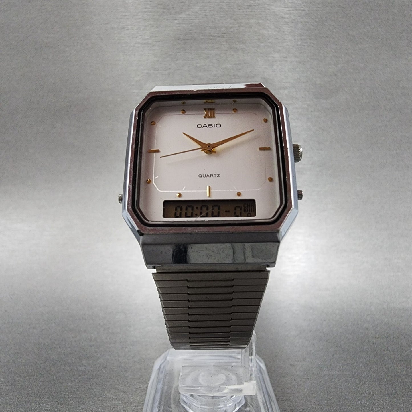 Casio AQ525 Watch Men 31mm White Dial Silver Tone Octagon Alarm Chrono New Batt5