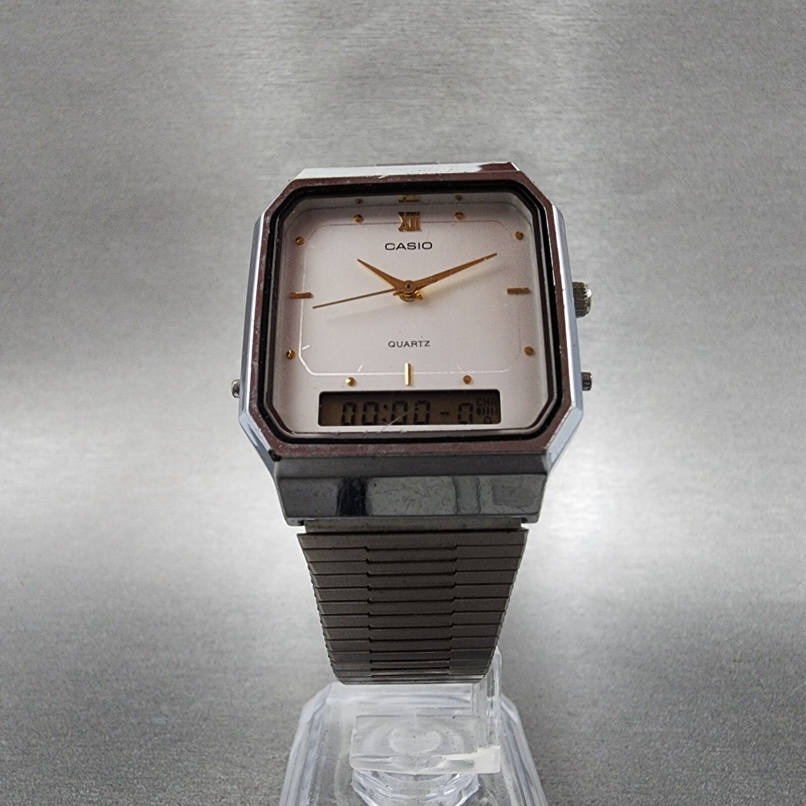 Casio AQ525 Watch Men 31mm White Dial Silver Tone Octagon Alarm Chrono New Batt5
