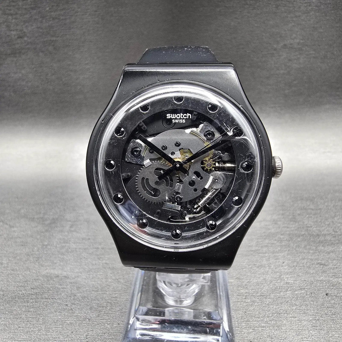 Swatch Silver Glam Watch Men 41mm Skeleton Dial Black Case SO29B109 New Battery0