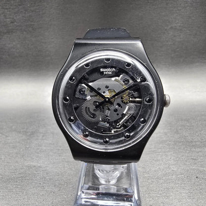 Swatch Silver Glam Watch Men 41mm Skeleton Dial Black Case SO29B109 New Battery0