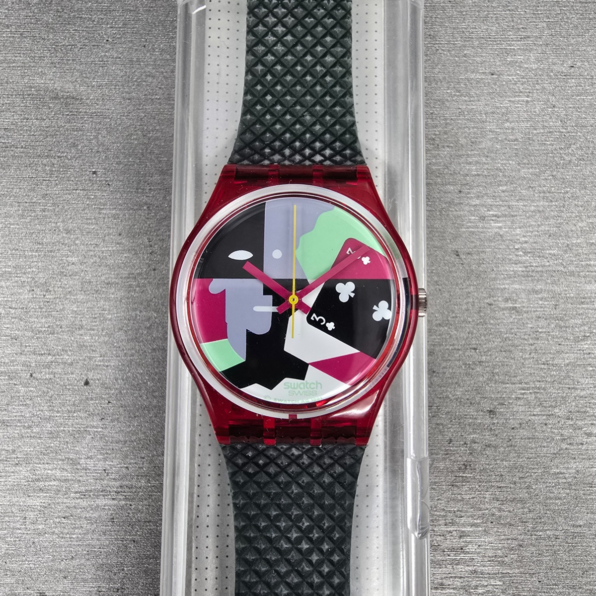 Swatch Hot Rap Watch Men 34mm Black Dial Red Case GR113 New Battery NOS0