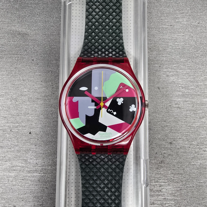 Swatch Hot Rap Watch Men 34mm Black Dial Red Case GR113 New Battery NOS0
