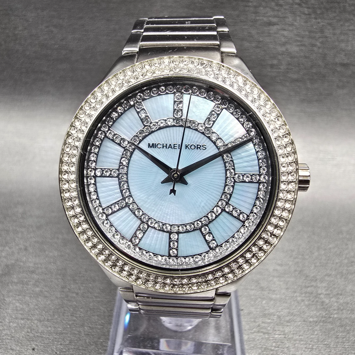 Michael Kors Kerry Watch Women 40mm MOP Dial Silver Tone Gemmed MK3395 New Batt0