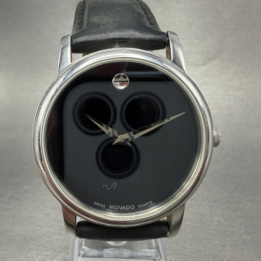 Movado Museum Watch Men 39mm Black Dial Steel Round Leather 2100002 New Battery0