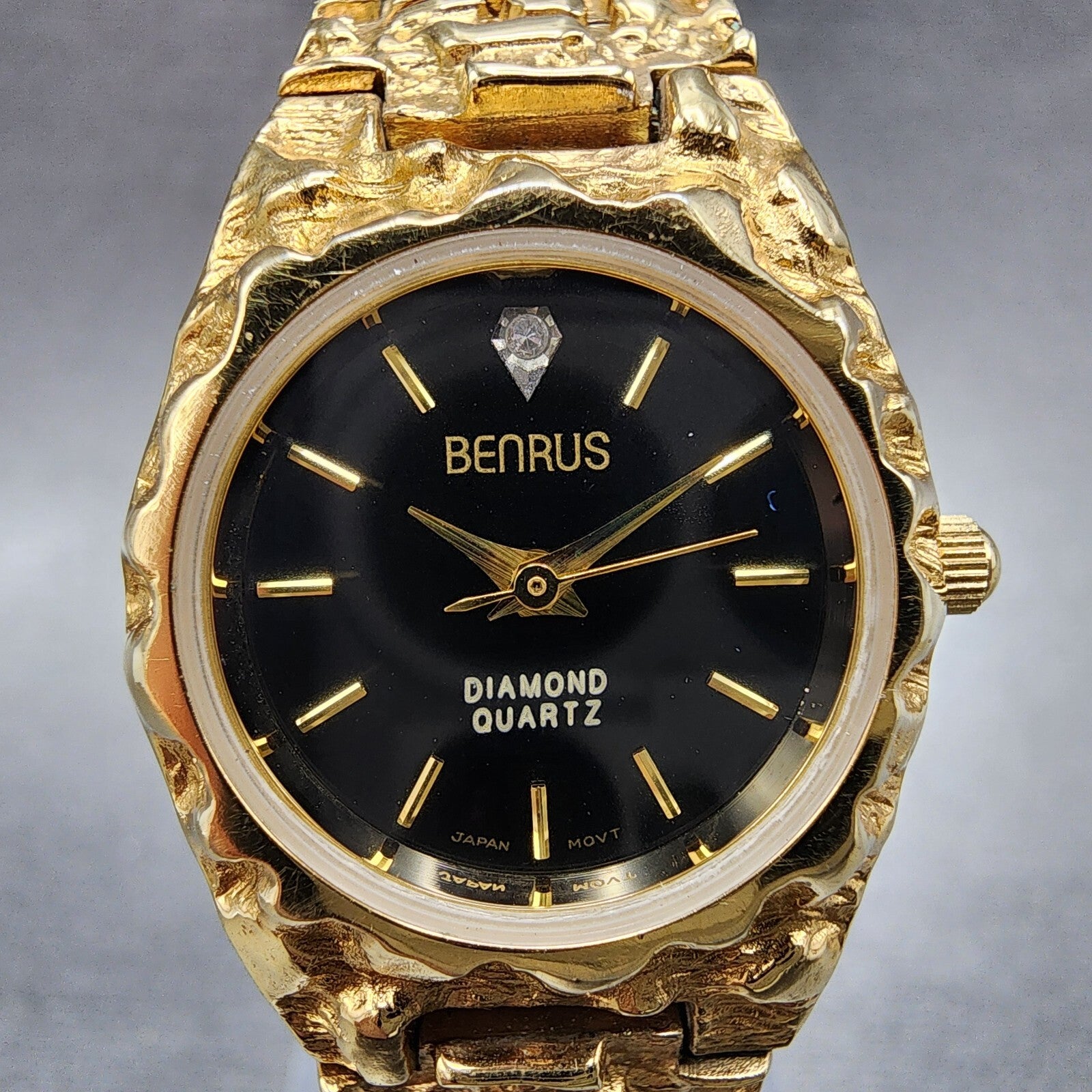 Benrus Gold Nugget Watch Women 23mm Black Dial Gold Tone Round New Battery1