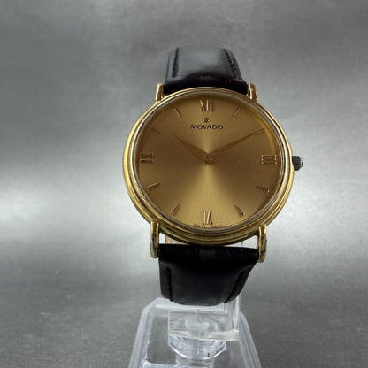 Movado Watch Men 34mm Gold Dial Gold Tone Round 87-E4-0885 Leather New BatteryAB5