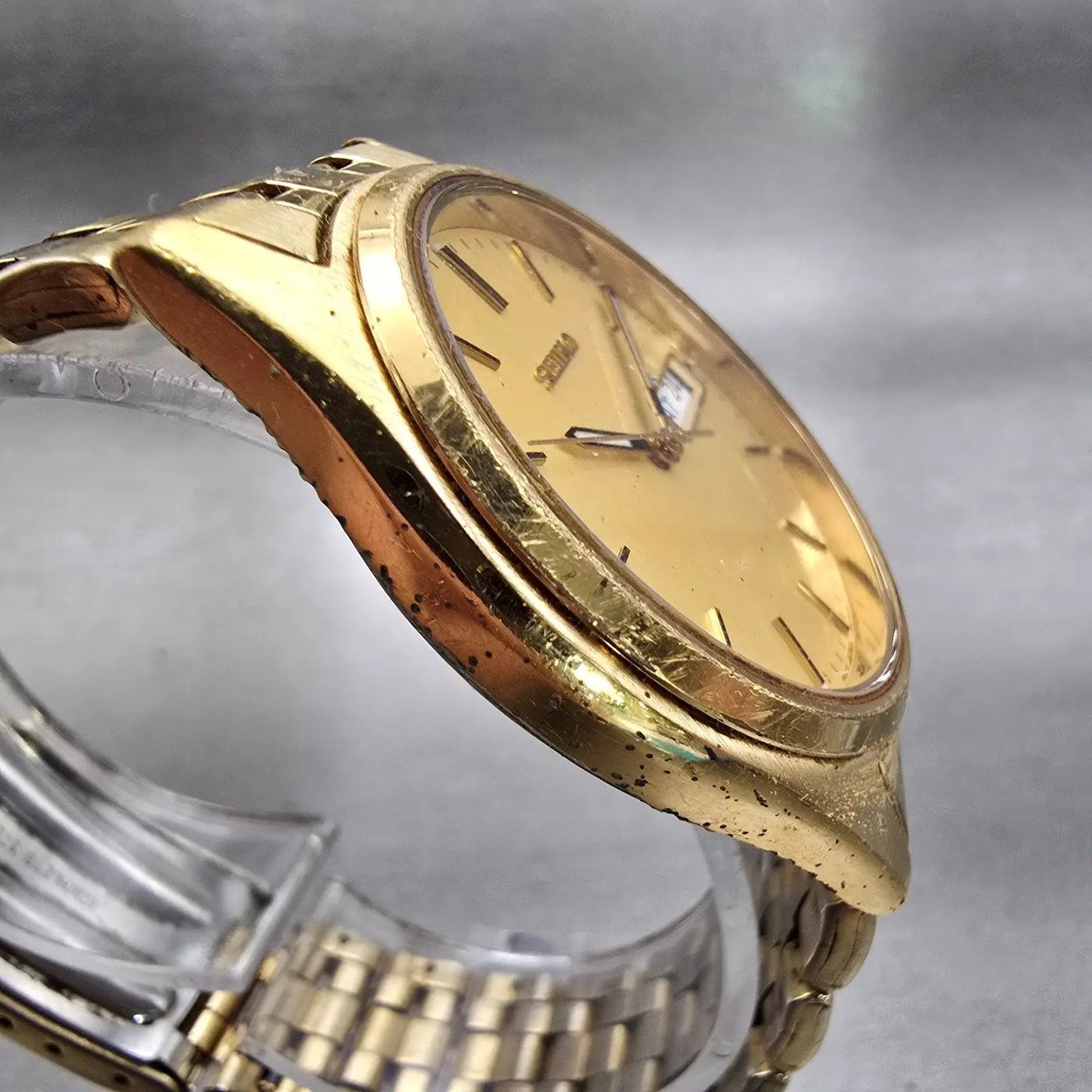 Seiko Watch Men 37mm Gold Dial Gold Tone Daydate Round 7N43-9048 New Battery VTG3
