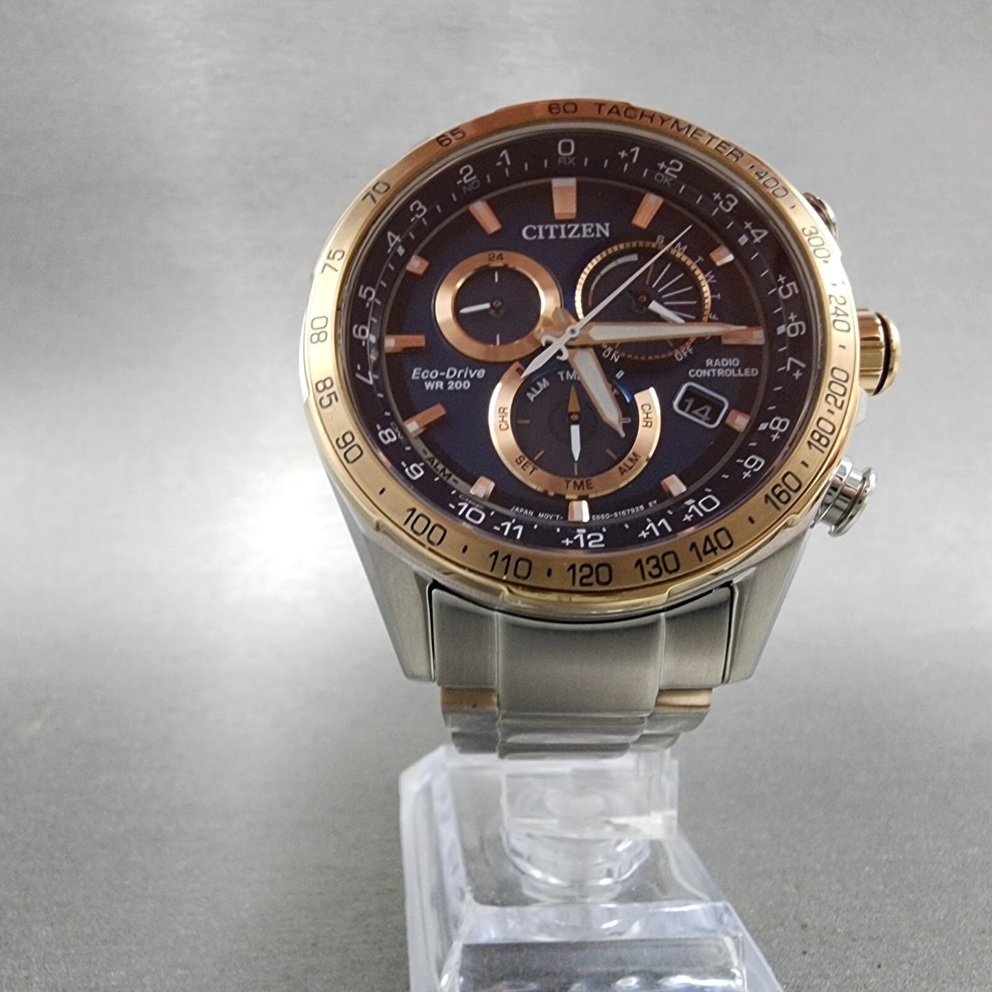 Citizen EcoDrive PCAT Watch Men 43mm Blue Dial Two Tone Alarm Chrono CB591659L5