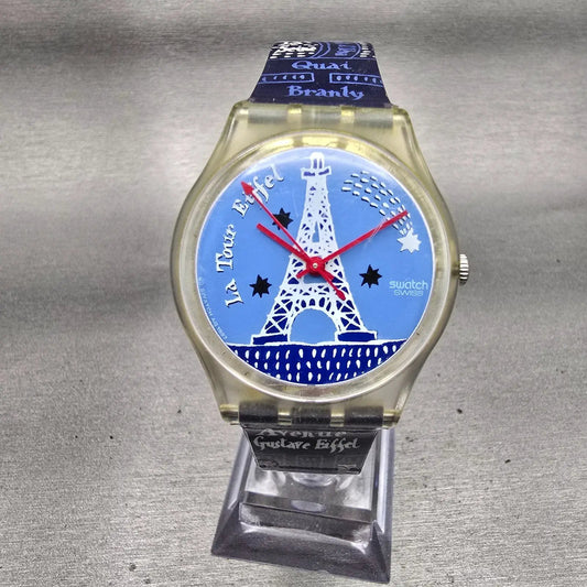 Swatch TITI PARISIEN Watch Unisex 34mm Blue Dial Clear Case GK276 New Battery0