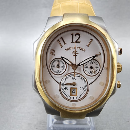Philip Stein Signature Chronograph Watch Women 32mm White Dial Two Tone New Batt1