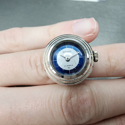 Seiko Ring Watch Women 20mm Silver And Blue Dial Silver Tone Manual 110520 Runs0