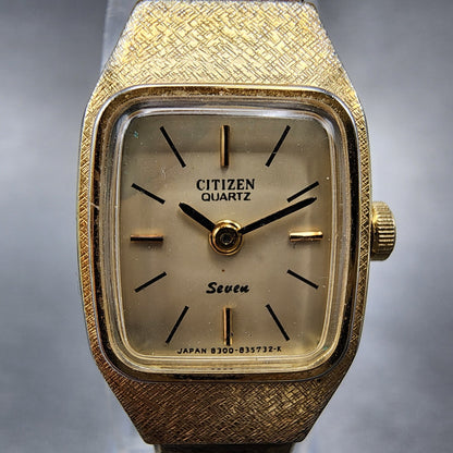 VTG Citizen Seven Watch Women 16mm Champagne Dial Gold Tone Rectangle New Batt1